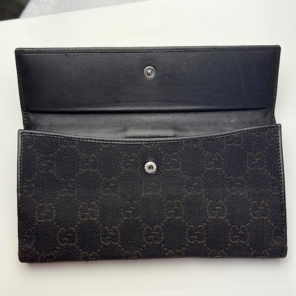 Auth. GUCCI GG Logo Canvas & Leather Long Bi-fold Wallet Brown Black Monogram - Picture 7 of 17